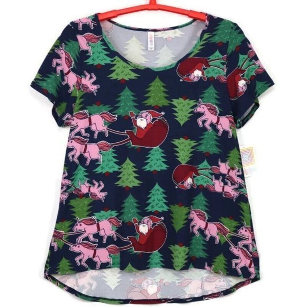 LuLaRoe Classic T Shirt Top Christmas Pink Unicorns Santa Sleigh‎ Blue XL